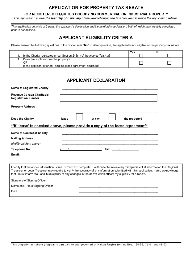 Fillable Online APPLICATION FOR PROPERTY TAX REBATE Halton Fax Email