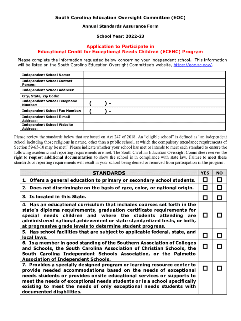 Fillable Online eoc sc ECENC Application to Participate Form, 202223