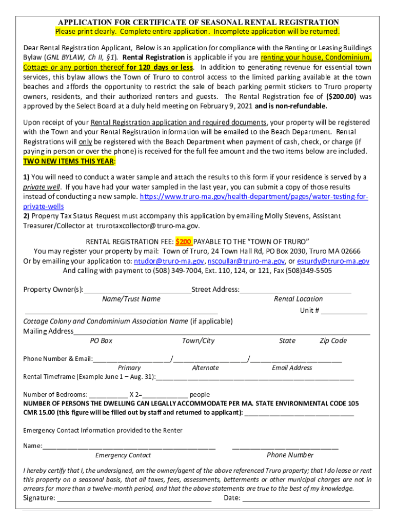 Fillable Online application for certificate of seasonal rental ...