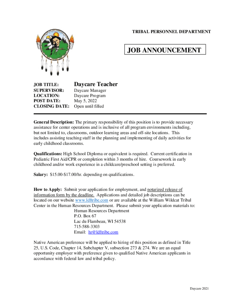 Fillable Online Daycare Teacher job description Workable resources