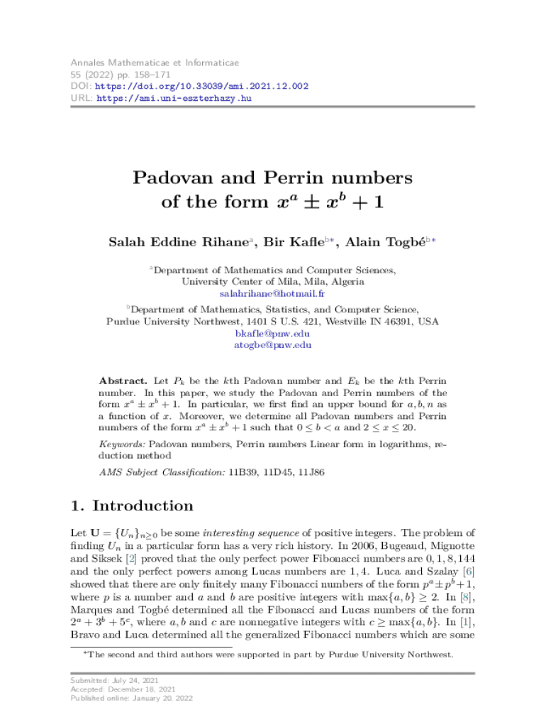 Fillable Online Padovan and Perrin numbers of the form xx + 1 Fax Email Print pdfFiller
