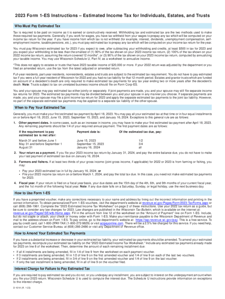 2023 D-101a Form 1-ES Instructions - Estimated Income Tax for Individuals, Estates, and Trusts Form  Preview on Page 1