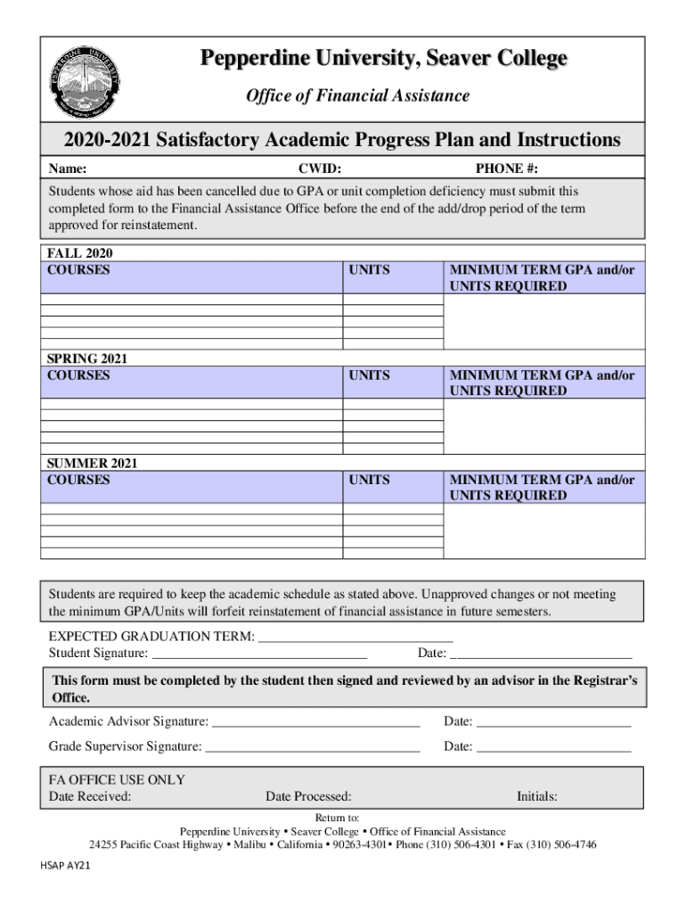 Fillable Online seaver pepperdine 20202021 Satisfactory Academic