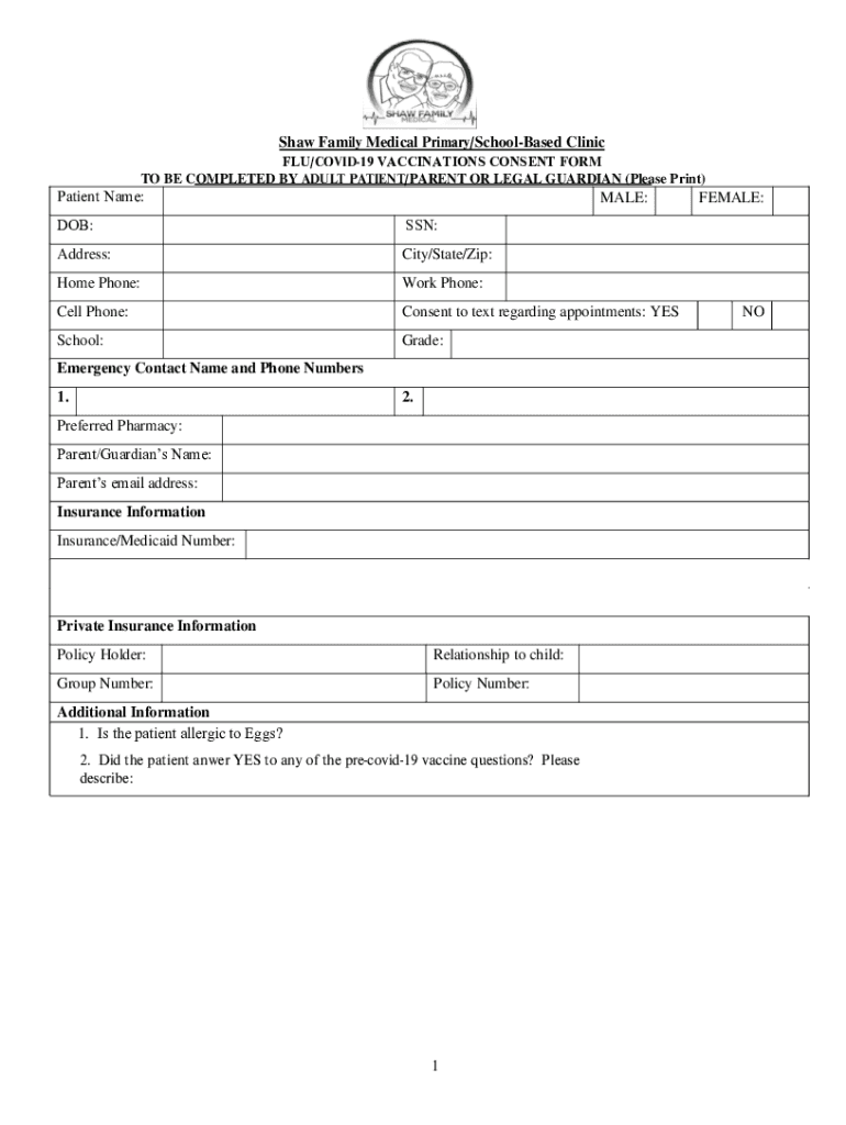 Fillable Online 1 Shaw Family Medical Primary/SchoolBased Clinic