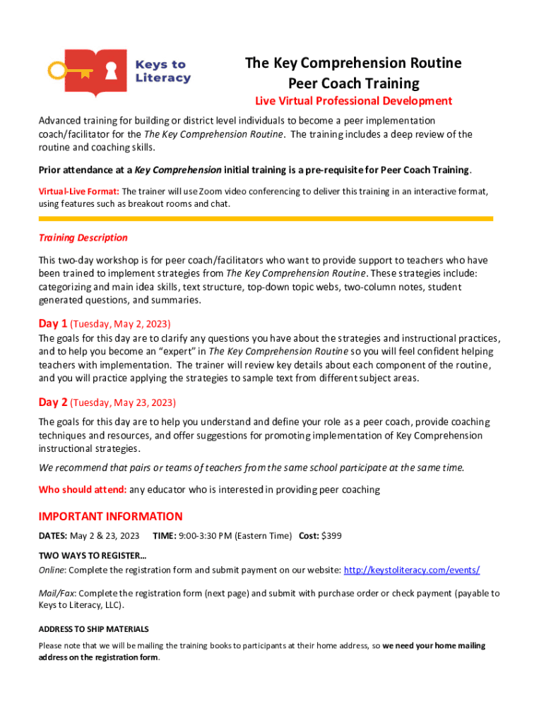 Fillable Online The Key Comprehension Routine Peer Coach Training (Live ...