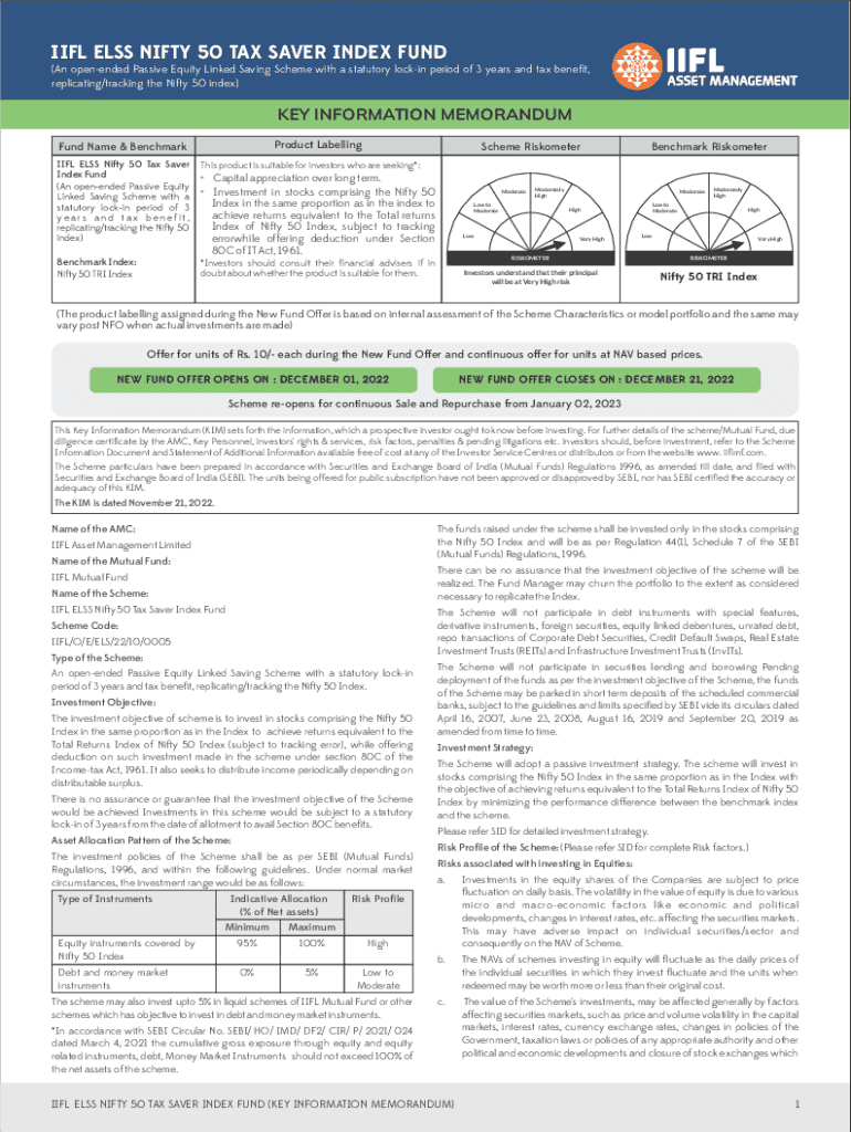 Fillable Online 20221117003IIFL ELSS Nifty 50 Tax Saver Index FundKIM