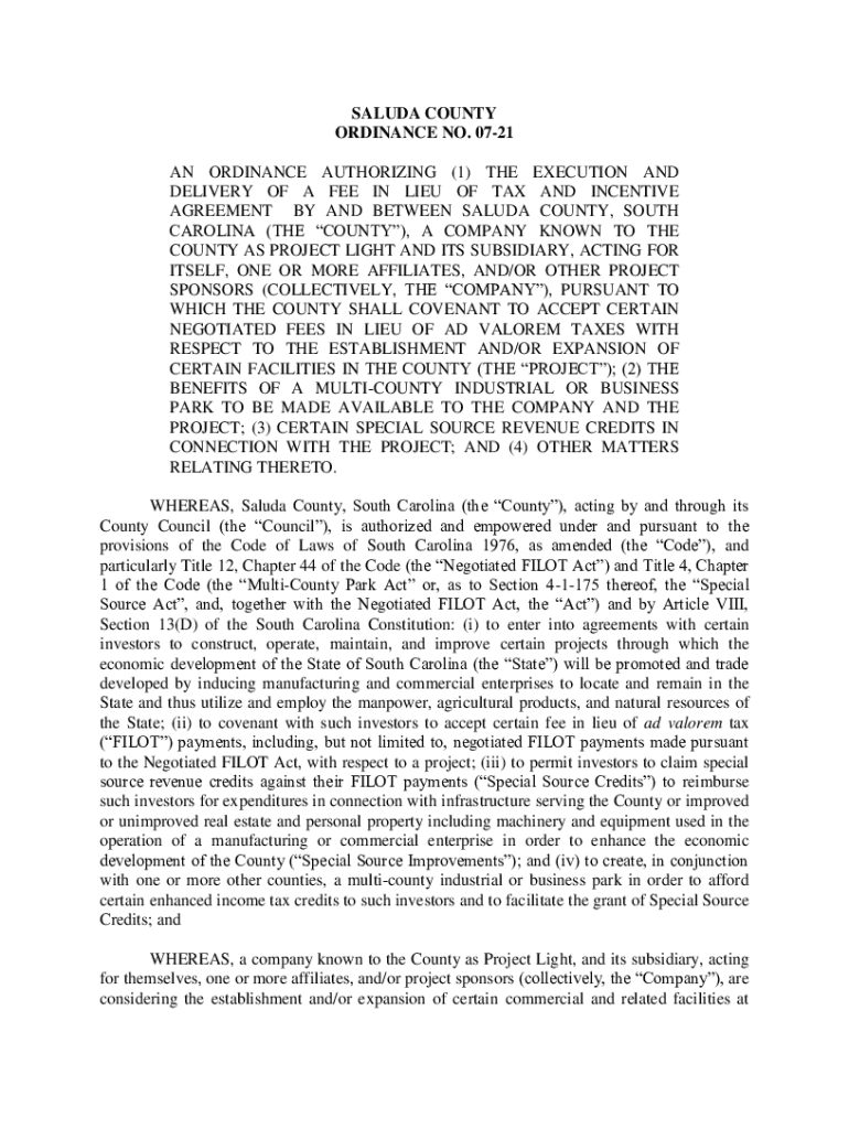Fillable Online STATE OF SOUTH CAROLINA ) ) ORDINANCE NO. 1021 Fax