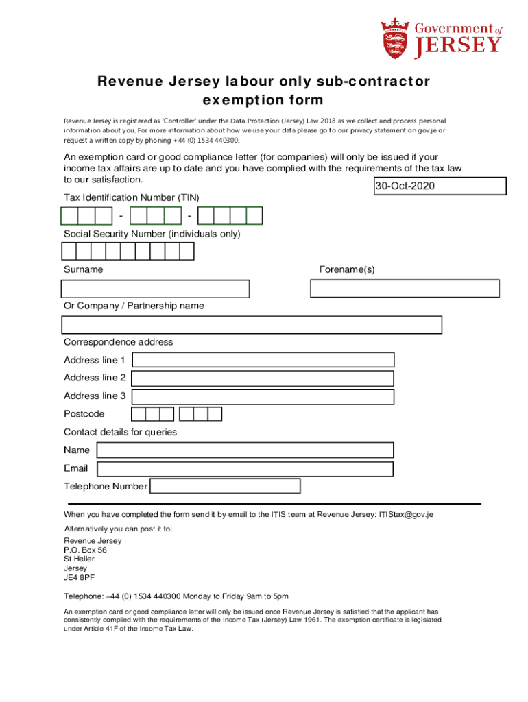 Fillable Online Revenue Jersey labour only subcontractor exemption