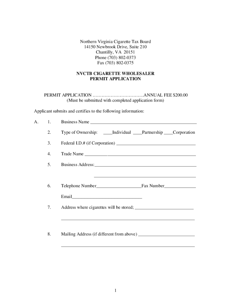 Fillable Online Northern Virginia Cigarette Tax Board Fax Email Print