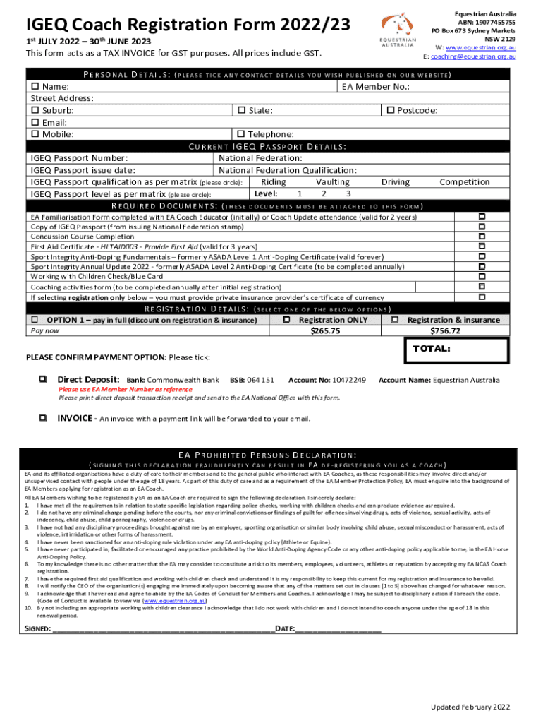 Fillable Online EA New Coach Registration Form 22/23 Equestrian
