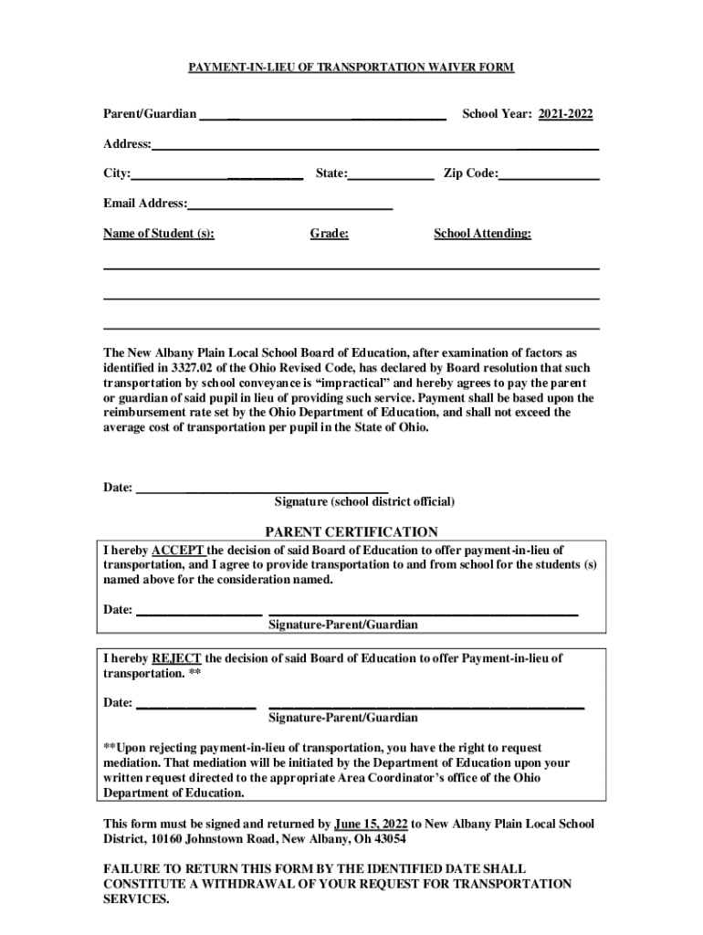 Fillable Online Paymentinlieu of Transportation Waiver Form Fax Email