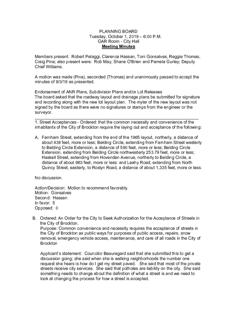 Fillable Online brockton ma PLANNING BOARD Tuesday, October 1, 2019600