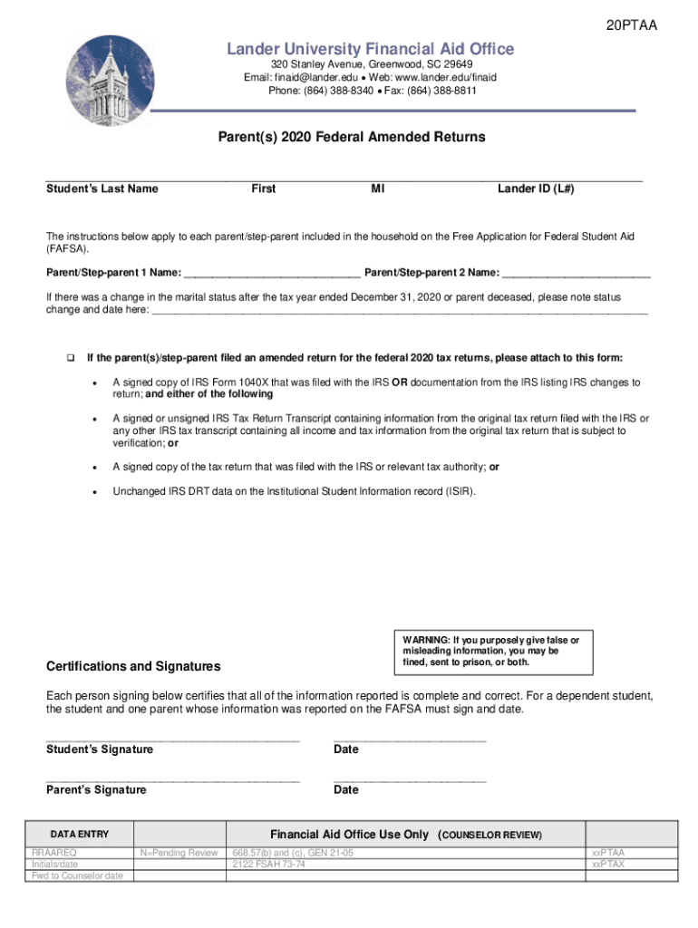 Fillable Online Parent(s) Federal Tax Transcript Instructions - Lander ...