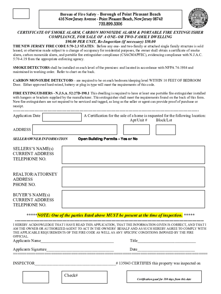 Fillable Online Certificate of Compliance (Smoke & CO detector/Fire ext.) Fax Email Print