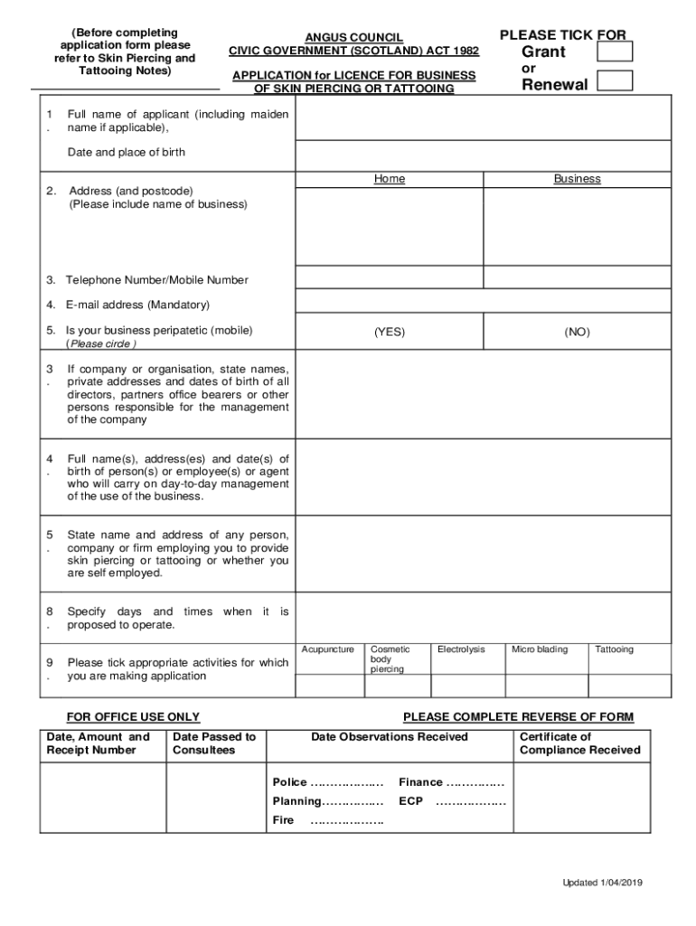 Fillable Online Skin Piercing and Tattoo Licence Application Form Fax