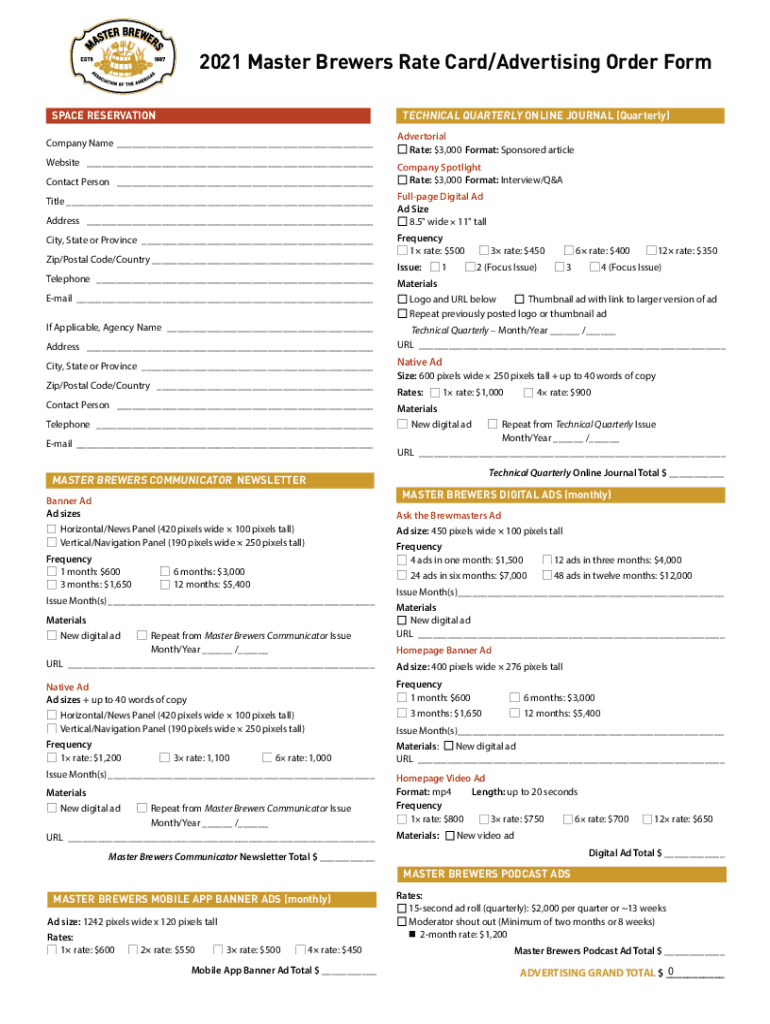 Fillable Online 2017 Master Brewers Rate Card/Advertising Order Form