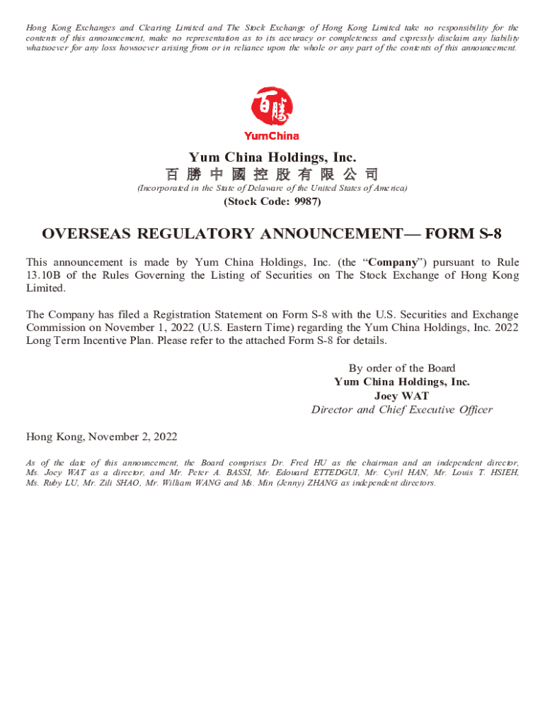 Fillable Online OVERSEAS REGULATORY ANNOUNCEMENT FORM S8 Fax Email