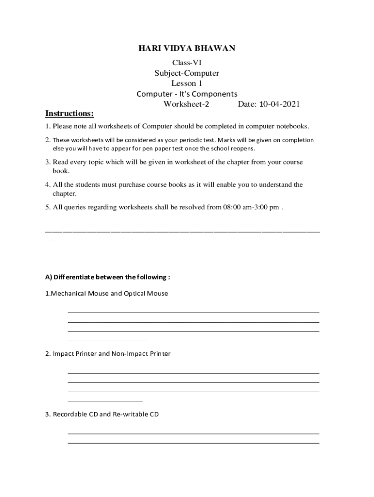 Fillable Online parts of computer class 2computer worksheets for class
