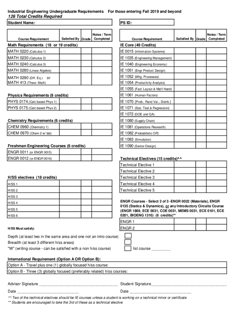 Fillable Online INDUSTRIAL ENGINEERING MAJOR Program Tracking Sheet Fax ...