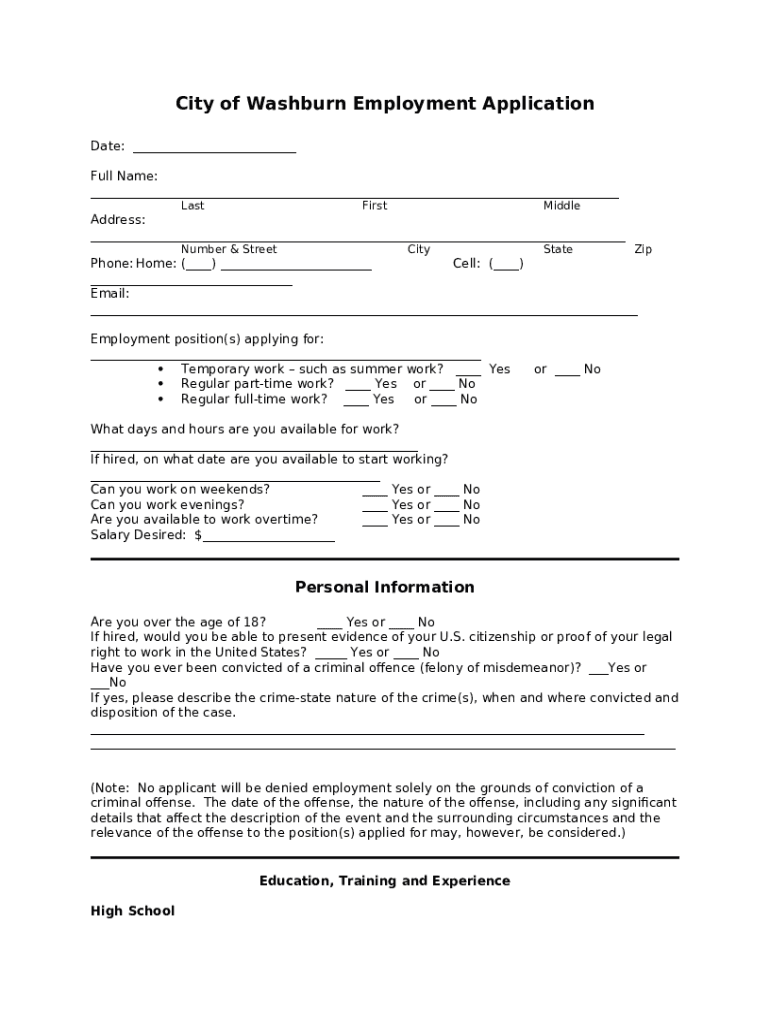 WASHBURN COUNTY Application for Employment Doc Template pdfFiller