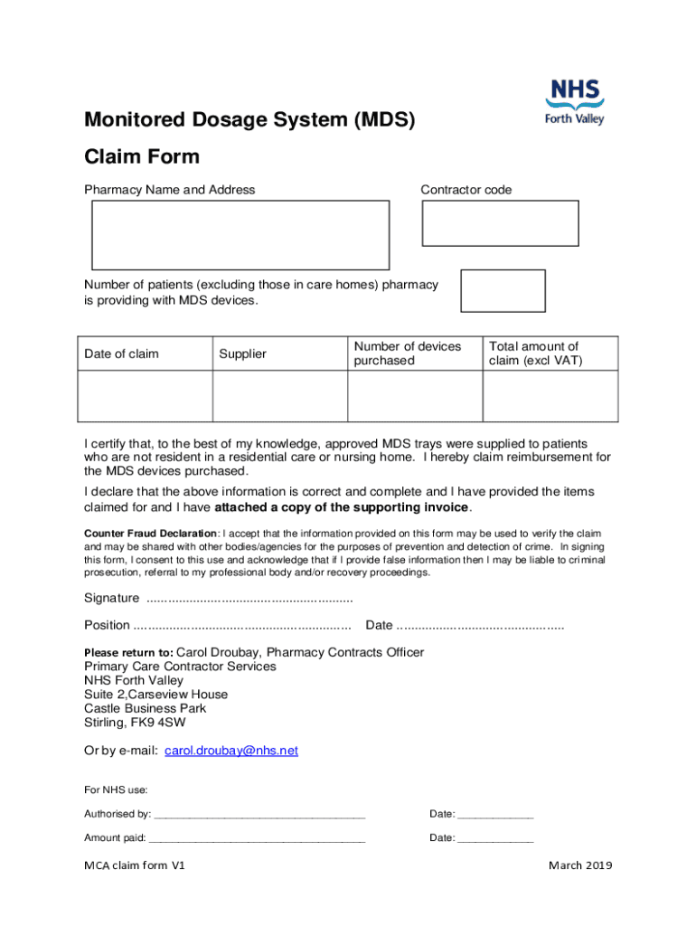 Fillable Online Monitored Dosage System (MDS) Claim Form Fax Email