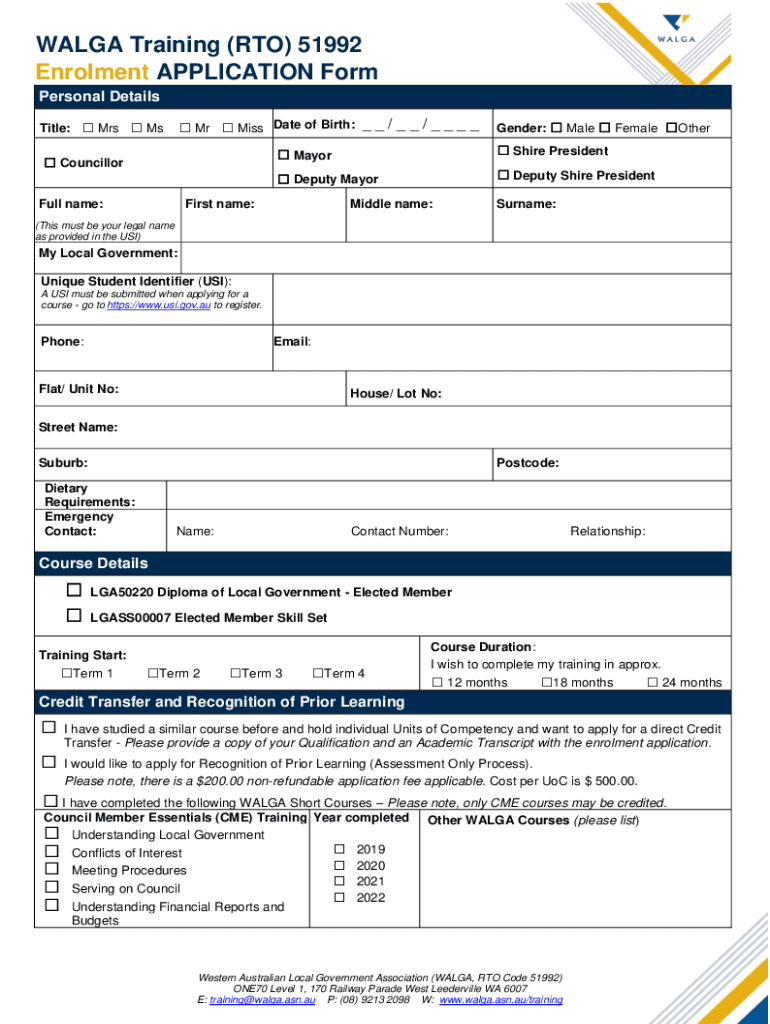 Fillable Online walga asn WALGA Training (RTO) 51992 - Enrolment ...