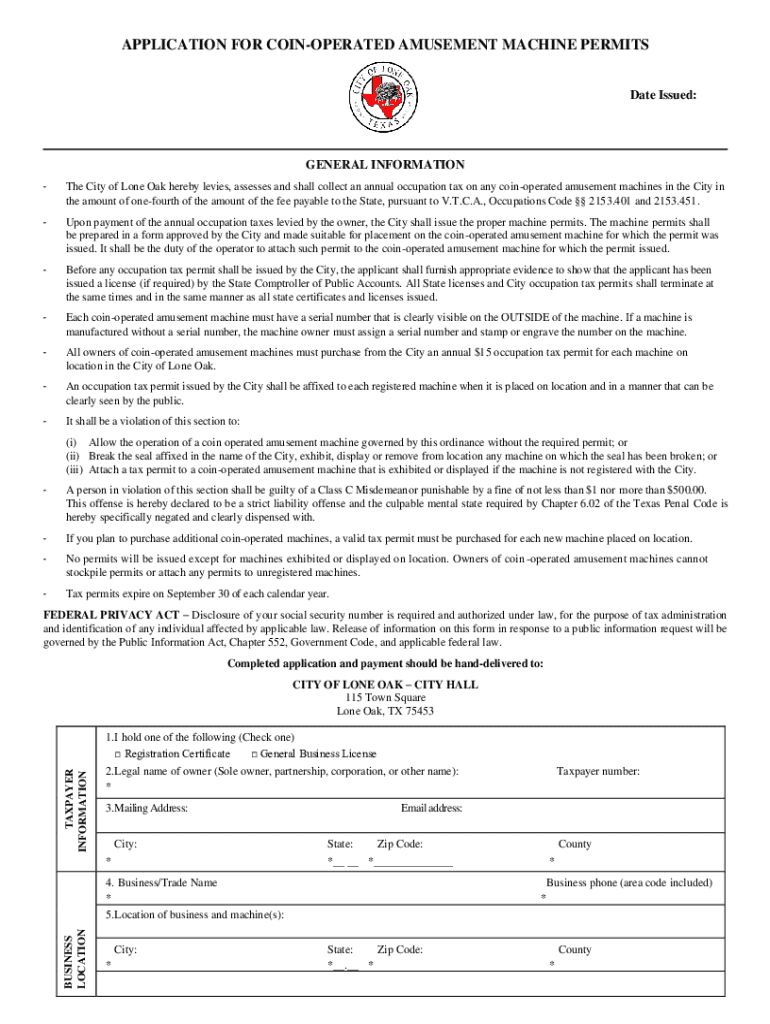 Fillable Online Texas CoinOperated Machine Forms Fax Email Print
