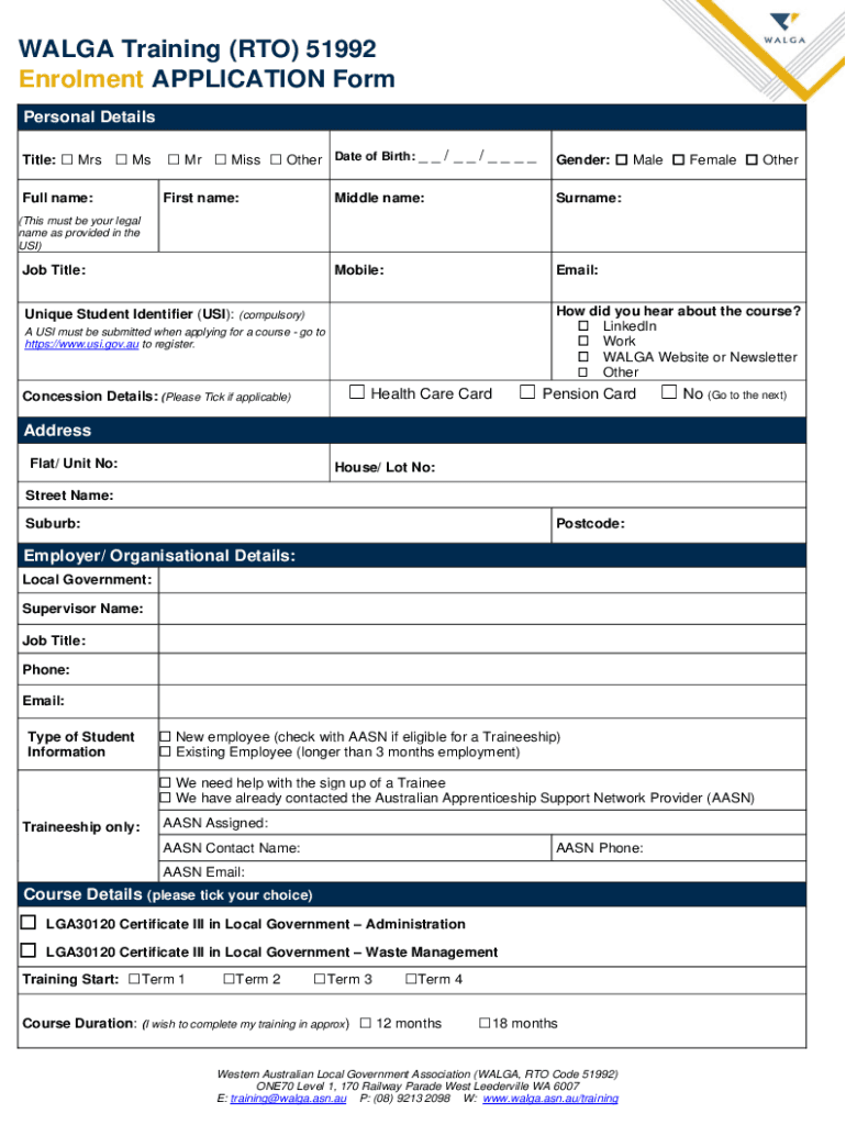 Fillable Online walga asn WALGA Training (RTO) 51992 - Enrolment Form ...