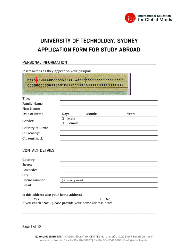 Fillable Online Uts internatiOnal nOndegree applicatiOn fOrm Fax Email
