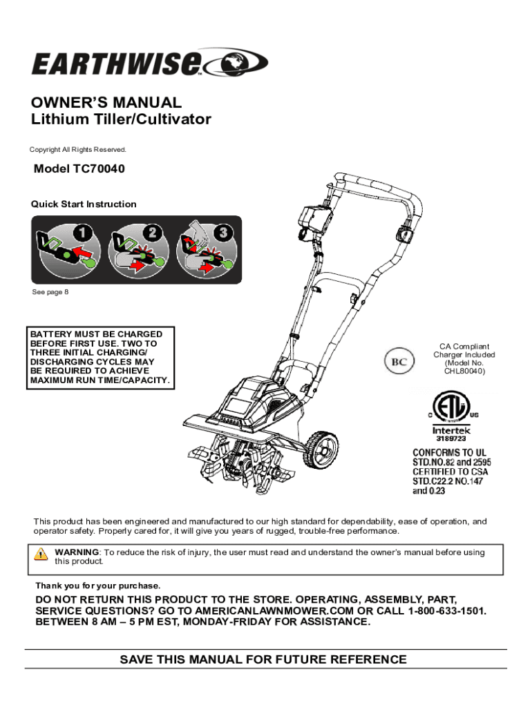 Completable En línea OWNER'S MANUAL Lithium Tiller/Cultivator Mowers
