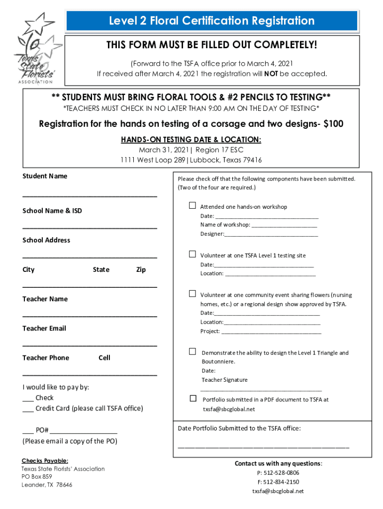 Fillable Online TSFA Level 1 Floral Certification Teacher Proctored
