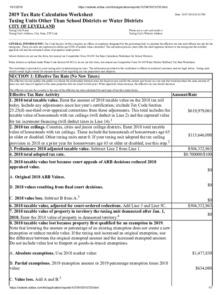 Fillable Online 2019 Tax Rate Calculation Worksheet Hockley County