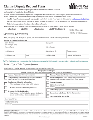 Fillable Online Molina Healthcare - Claim Dispute Request Form Fax