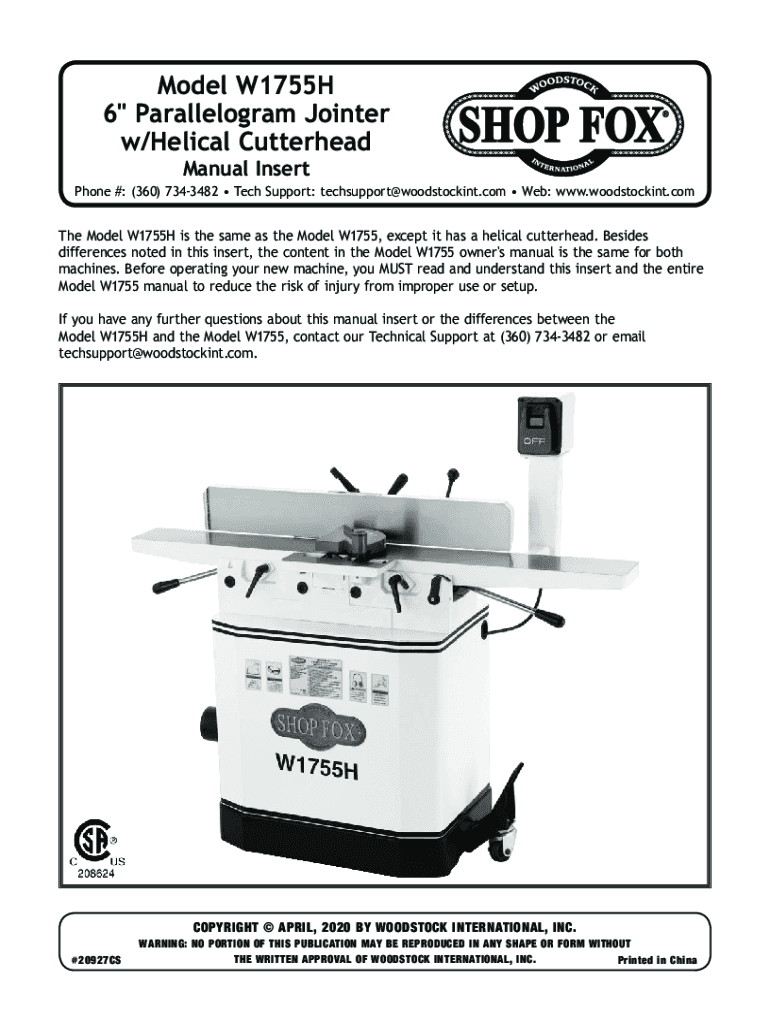 Fillable Online 6" Parallelogram Jointer with Helical Cutterhead at