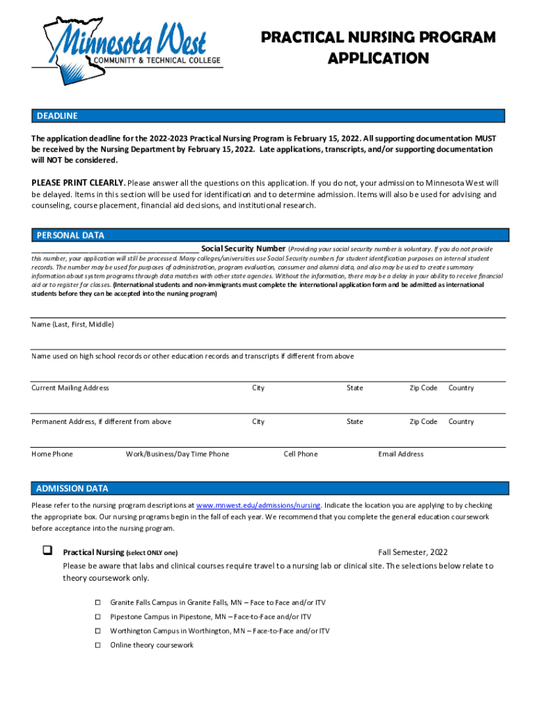 Fillable Online 20222023 Practical Nursing Program Application Packet
