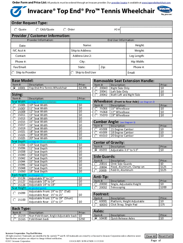 Fillable Online Invacare Product Catalog Top End Pro Tennis