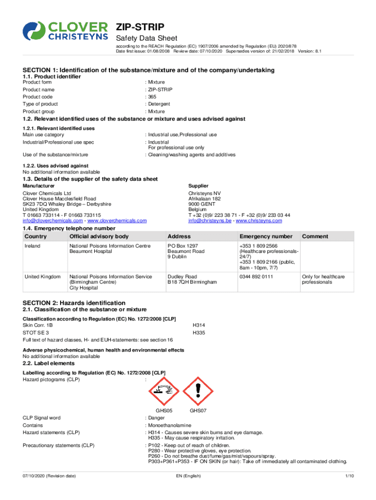 Fillable Online ZIPSTRIP Safety Data Sheet Express Cleaning