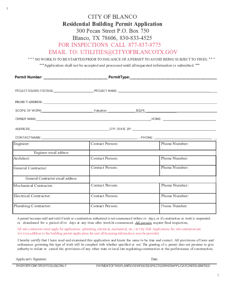 Fillable Online CITY OF BLANCO Residential Building Permit Application
