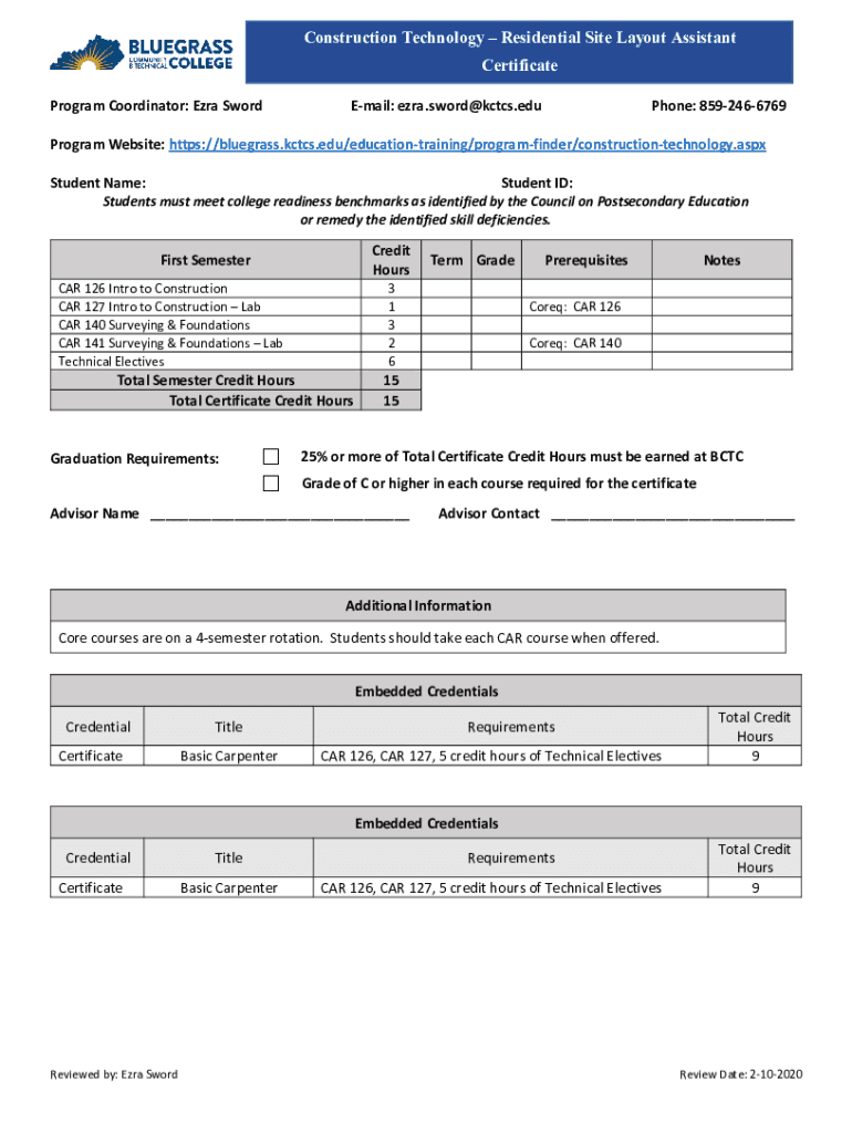 Fillable Online Residential Site Layout Assistant Certificate KCTCS