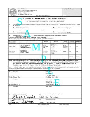 Certification of Financial Responsibility. State of California Water Resources Control Board form