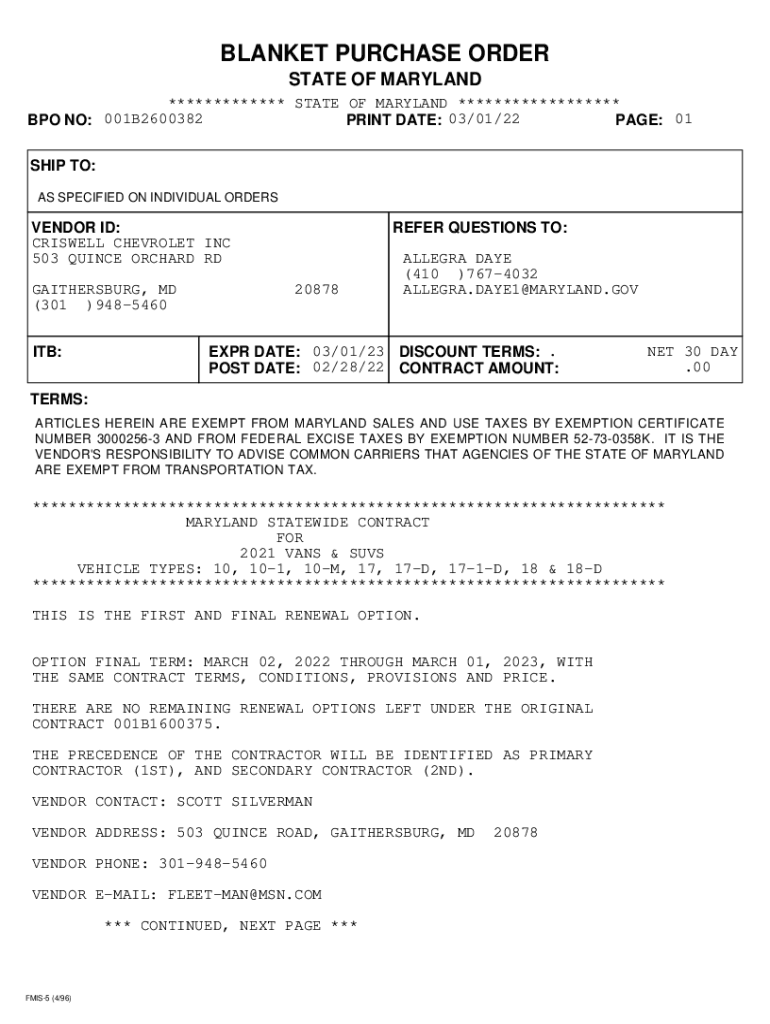 Fillable Online dgs maryland PDF version of FMIS Blanket Purchase Order. Blanket Purchase Order