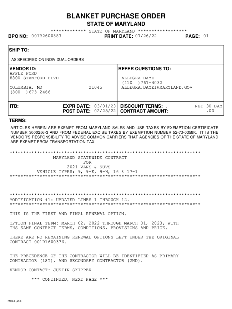 Fillable Online dgs maryland PDF version of FMIS Blanket Purchase Order. Blanket Purchase Order