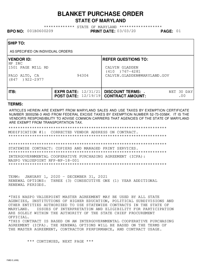 Fillable Online dgs maryland the Nassau County Blanket Purchase Order