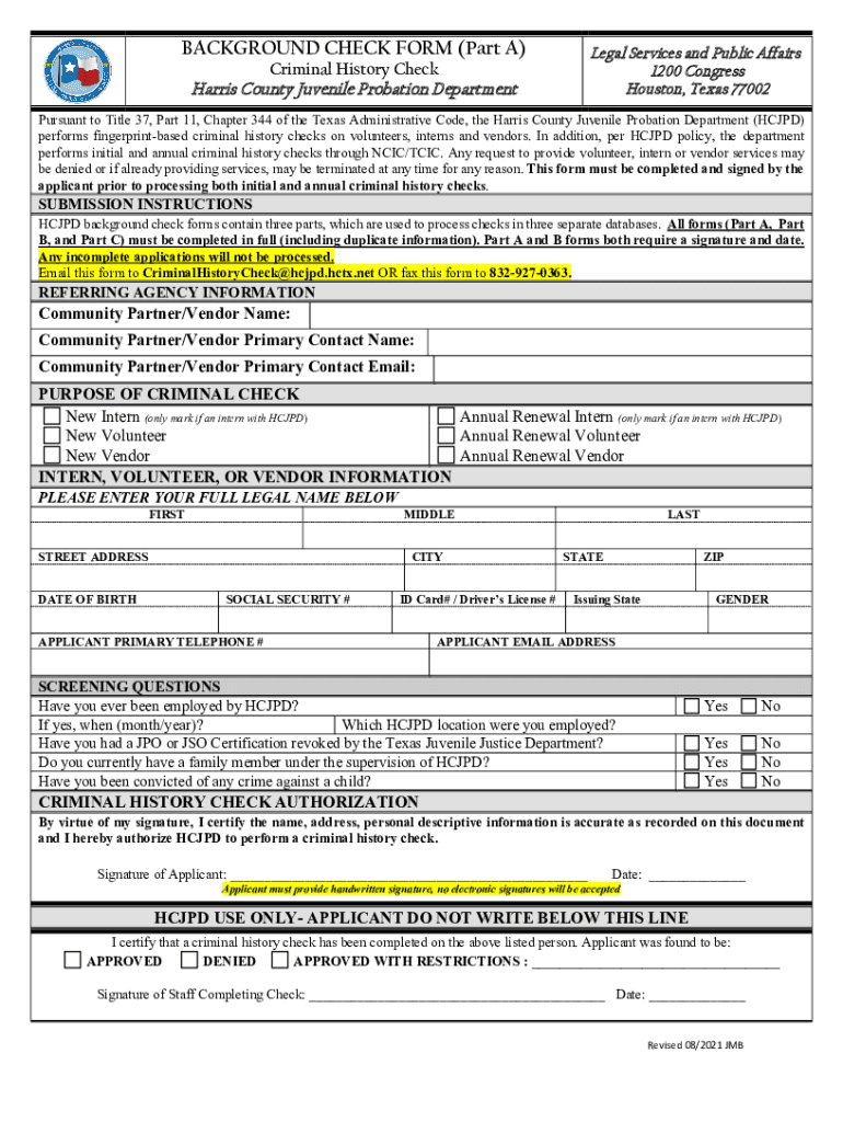 Fillable Online BACKGROUND CHECK FORM (Part A) Fax Email Print pdfFiller