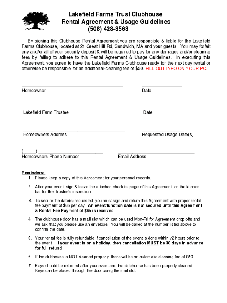 Fillable Online LAKEFIELD FARMS CLUBHOUSE Contract Fax Email Print