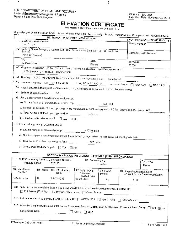 Fillable Online Elevation Certificate Pima County Fax Email Print
