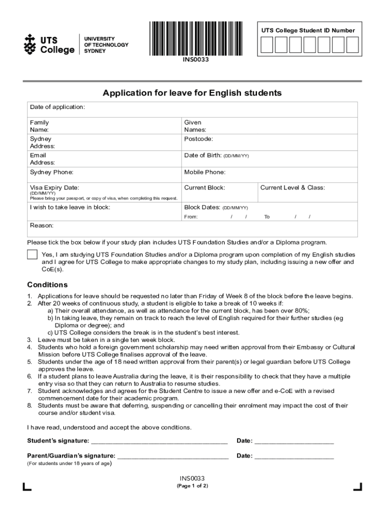Fillable Online Application for leave for English students UTS