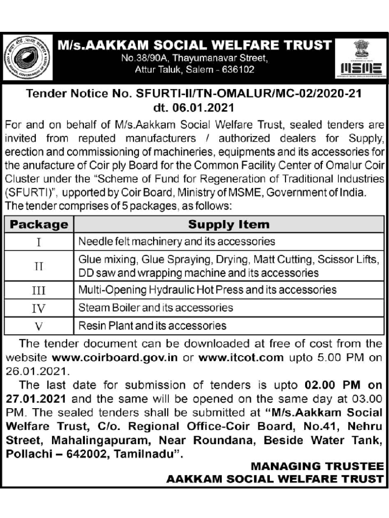 Fillable Online coirboard gov M/s. AAKKAM SOCIAL WELFARE TRUST Coir