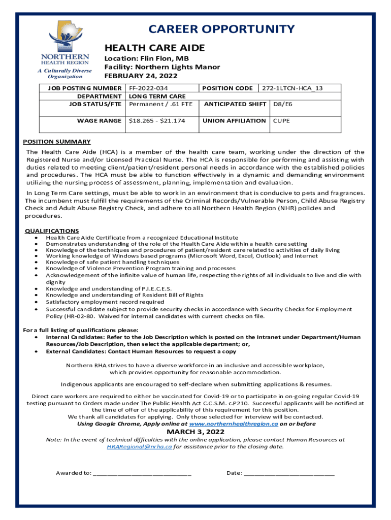 Fillable Online health care aide Flin Flon, MB Job posting Job