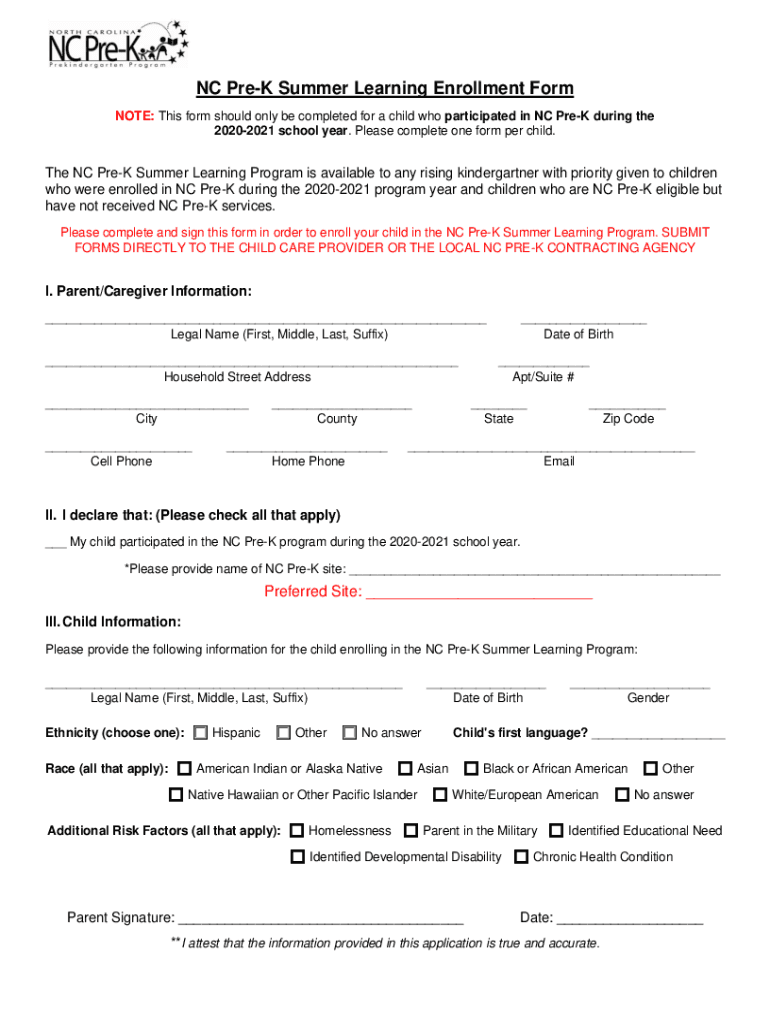 Fillable Online Parent Application for NC PreK Summer Learning Fax